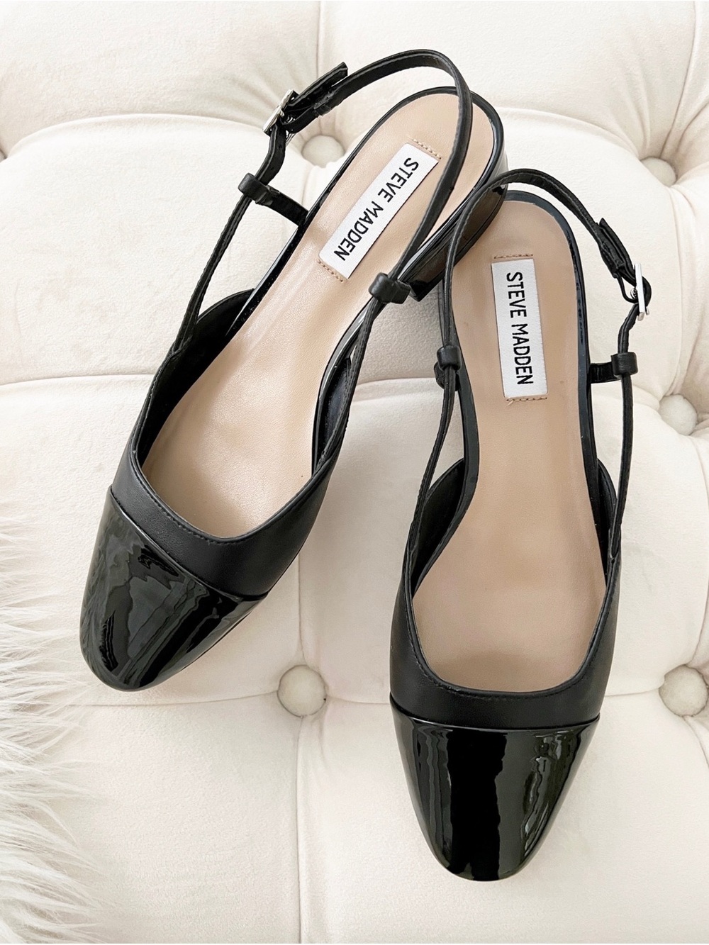Steve Madden Pointed Toe Slingback Flats Black Patent Cap Toe Size 7.5